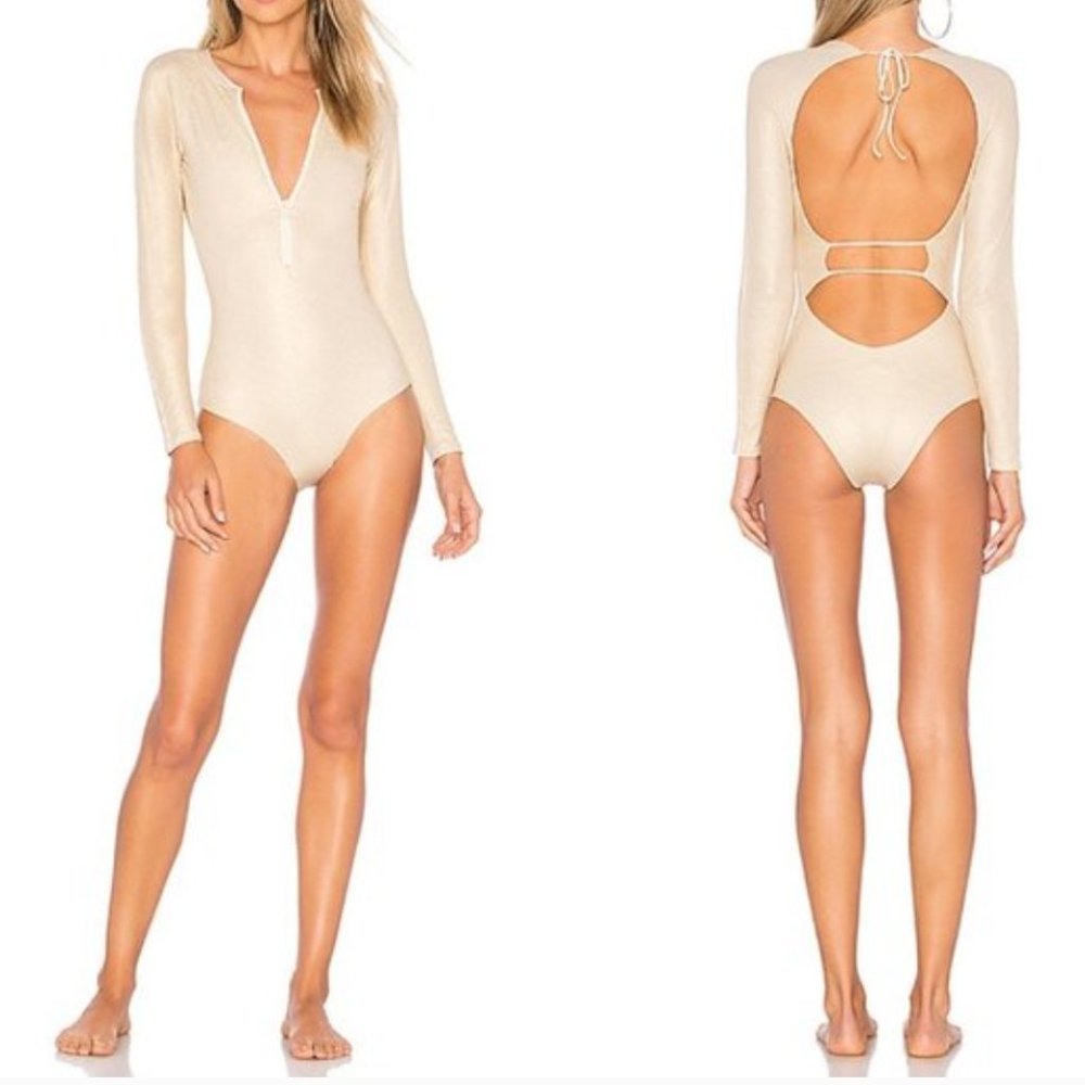 Tavik Moss One Piece Long Sleeve Swimsuit in Tapioca Metallic Gold Shimmer XS